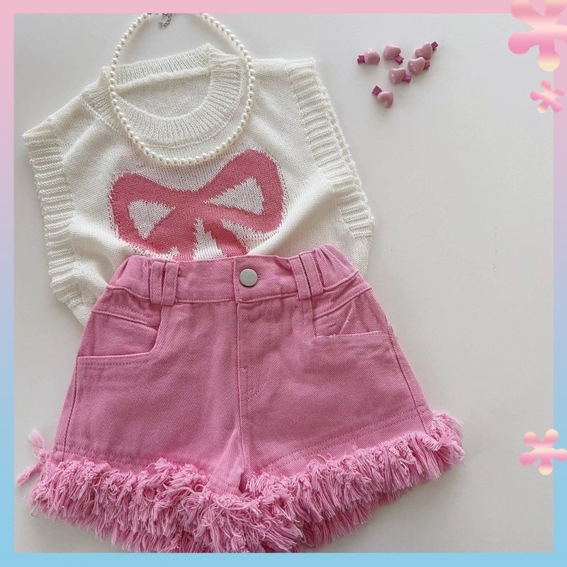 Baby Net Red Suit Summer Korean Style Children's Western Style Top Denim Shorts Two-Piece Suit Girls' Fashionable Summer Clothes Fashion