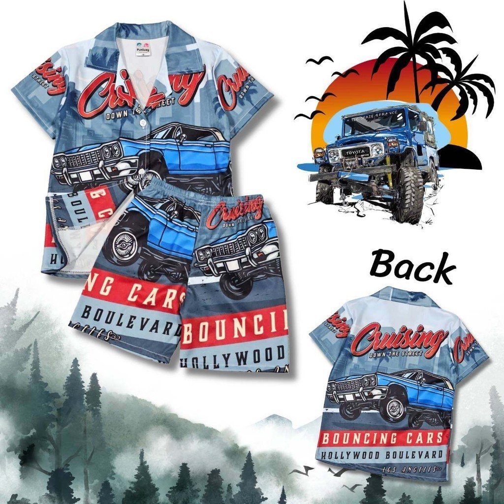 CR0893.#6 ชุดเด็ก เซ็ตเสื้อฮาวาย+กางเกงขาสั้น ผ้าไหมอิตาลี ลายรถ cruiser เสื้อผ้าเด็กแฟชั่น ลายการ์ตูน ชุดเที่ยวทะเล