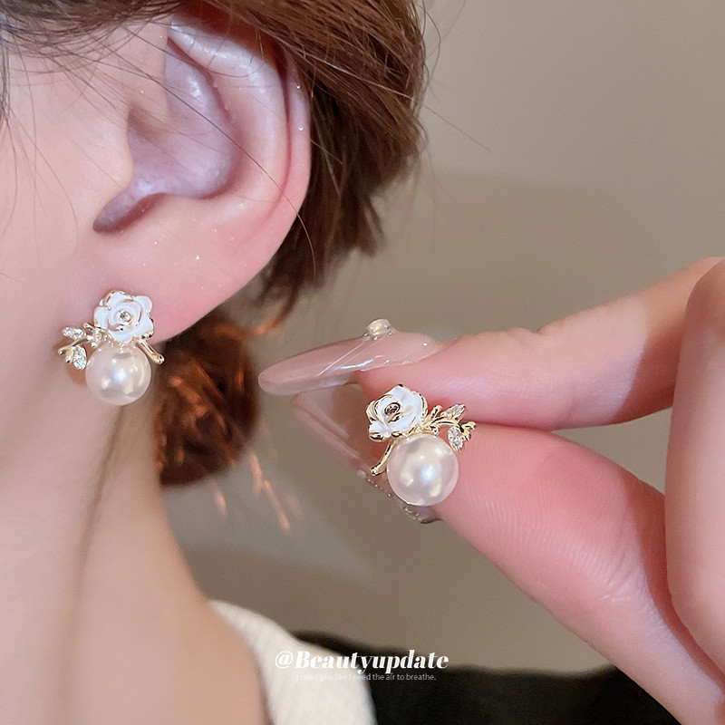 2024 ต่างหูมุก Camellia Zircon ต่างหูแฟชั่นหวาน