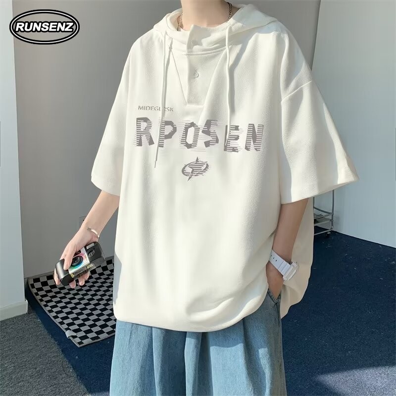 M-8xl สไตล์ขี้เกียจ Oversize Hoodie ผู้ชาย Plus ขนาด T เสื้อ Causal หลวมแขนสั้น Oversize Top