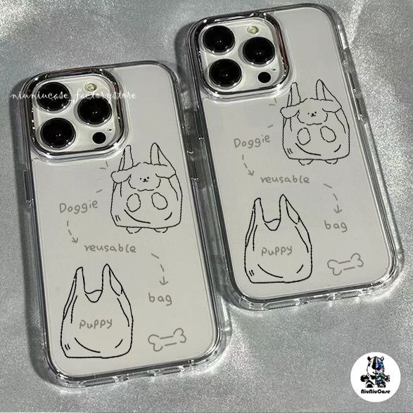 สำหรับ iPhone 13 12 14 11 15 Pro Max XR X Plus XS SE 7 กรณีโทรศัพท์ใสถุงขยะรูปแบบลูกสุนัขลายการ์ตูน ป้องกันการตกน่ารัก
