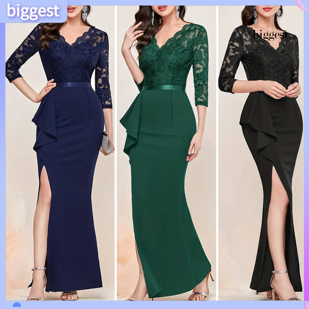 [biggest ] Lady Party Dress V คอ Hollow Out ลูกไม ้ แขนยาวแน ่ นเอวสูง Ruffle แยก Hem Ruffle Slim Fit ดอกไม ้ เย ็ บปักถักร ้ อยสีทึบชุดราตรี Prom Maxi Dress
