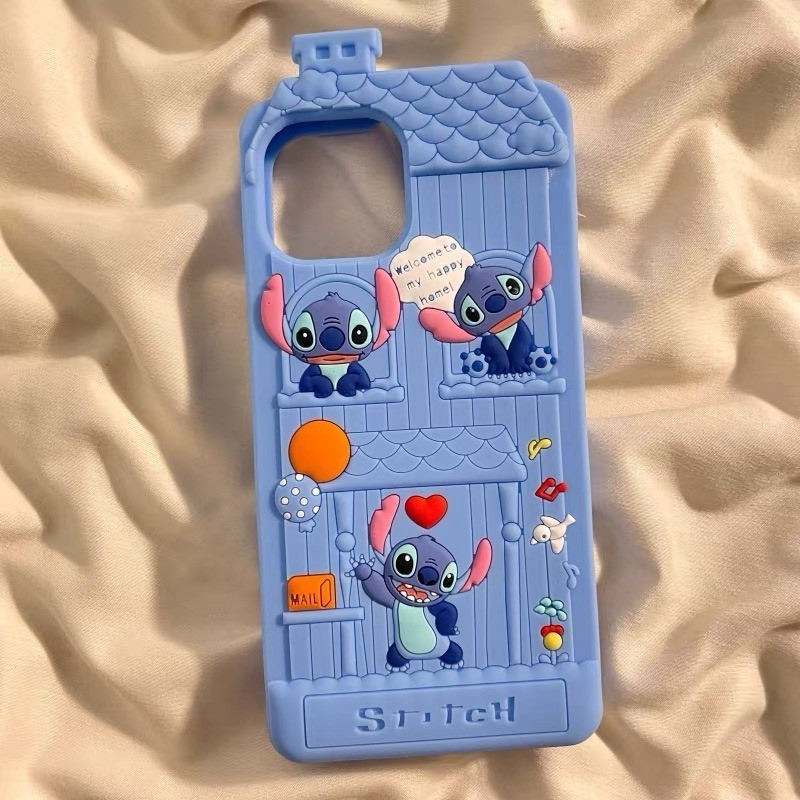 ผิวประสาทสัมผัสซิลิโคนเหลว super ฤดูใบไม ้ ร ่ วงป ้ องกันน ่ ารัก little house Stitch ใช ้ งานร ่ วมกับสําหรับ iPhone 15 11 14 13 12 Pro Max Anti-falling ปกหลังสําหรับ iPhone กรณี
