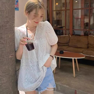 เสื้อลูกไม้แขนสั้น แขนตุ๊กตา สีขาวสไตล์ไทยๆ