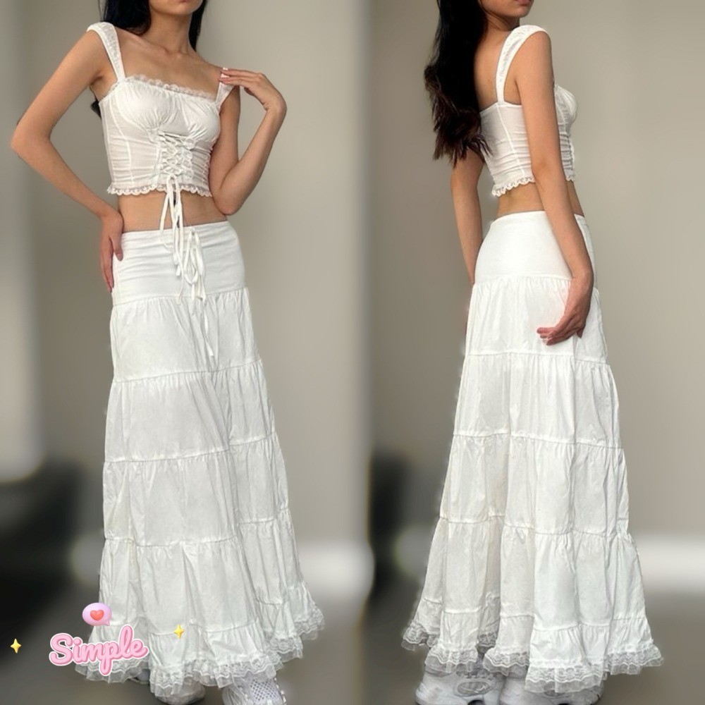 SimpleStore จัดส่งในกรุงเทพฯ ฝรั่งเศสลูกไม้สีขาวแขวนเสื้อกั๊ก + วันหยุดลมประกบกระโปรงยาวกระโปรง 045