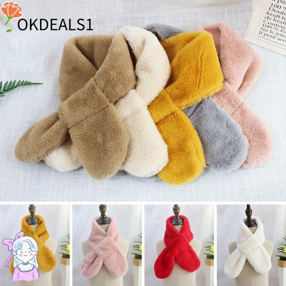 Dealshop ผ้าพันคอ ขนกระต่ายเทียม สีพื้น แบบหนา ให้ความอบอุ่น สําหรับเด็กผู้หญิง