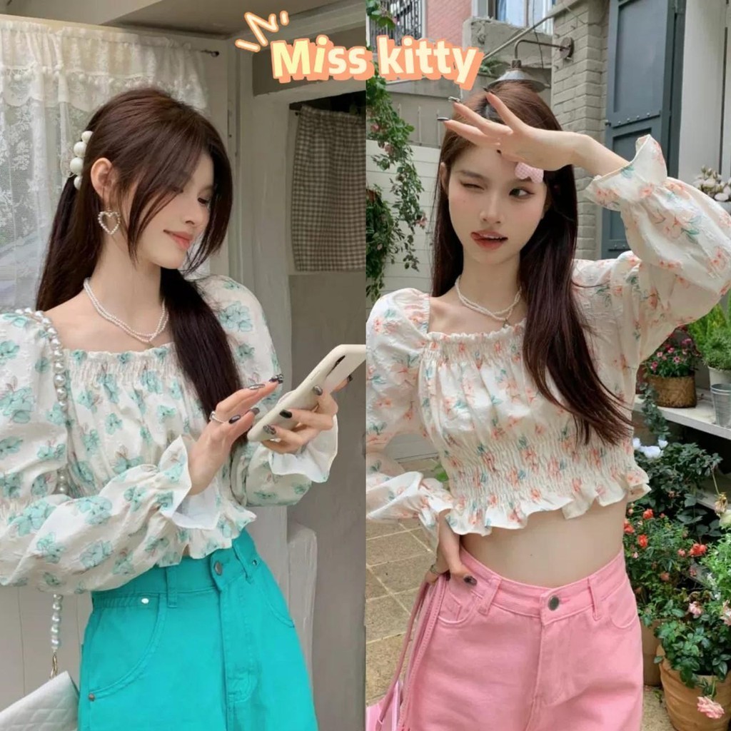 Miss Kitty จัดส่งที่รวดเร็ว "72031" เสื้อผ้าชีฟอง แขนยาวเปิดไหล่ ลายดอกไม้เกาหลี -C