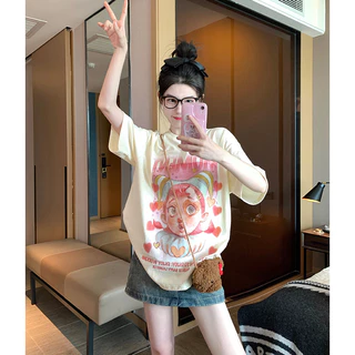 （จัดส่งตลอด 24 ชั่วโมง）Angle Official เสื้อยืดผู้หญิง Oversize เสื้อแขนสั้น Y2K สไตล์เกาหลี แฟชั่นสาวเท่ L100