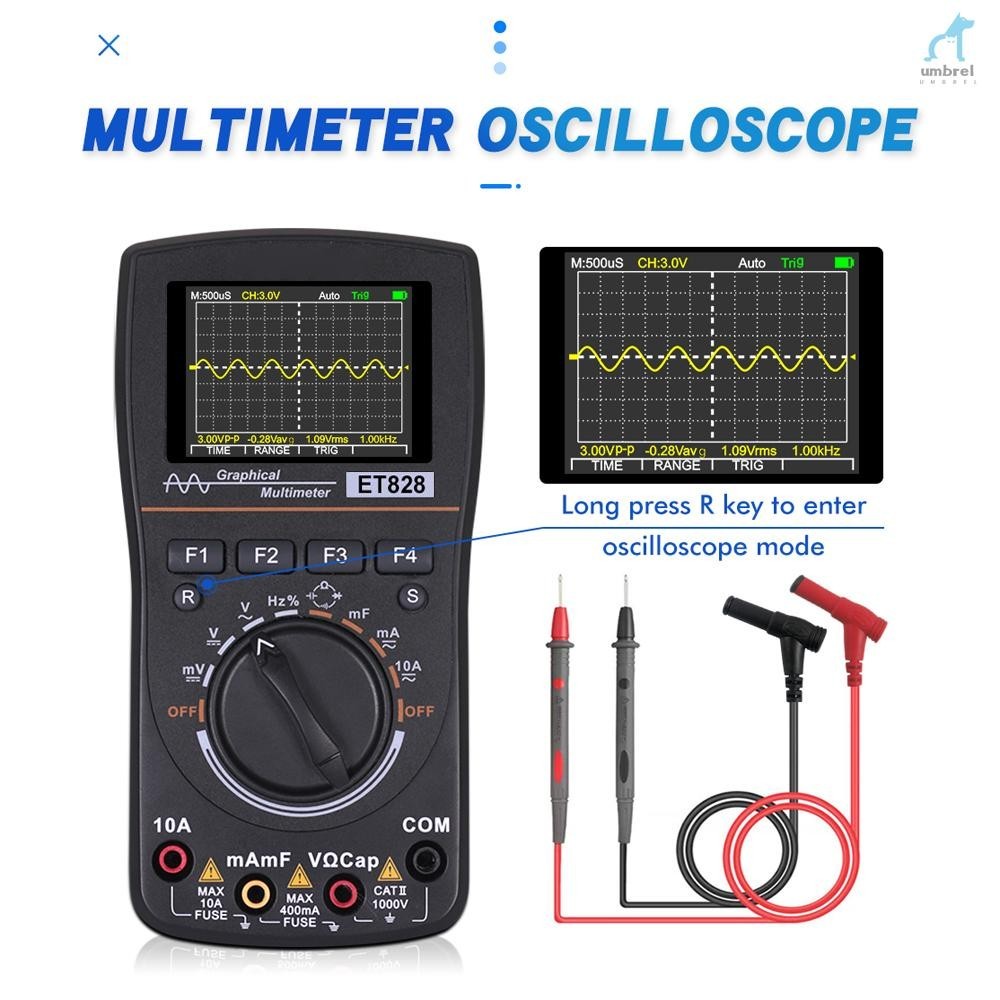 Et828 อัจฉริยะกราฟิกดิจิตอล Oscilloscope มัลติมิเตอร์ 2 in 1 หน้าจอสี 2.4 นิ้ว 1MHz Bandwidth 2.5Msps อัตราการตัวอย่างสําหรับ DIY และการทดสอบอิเล็กทรอนิกส์