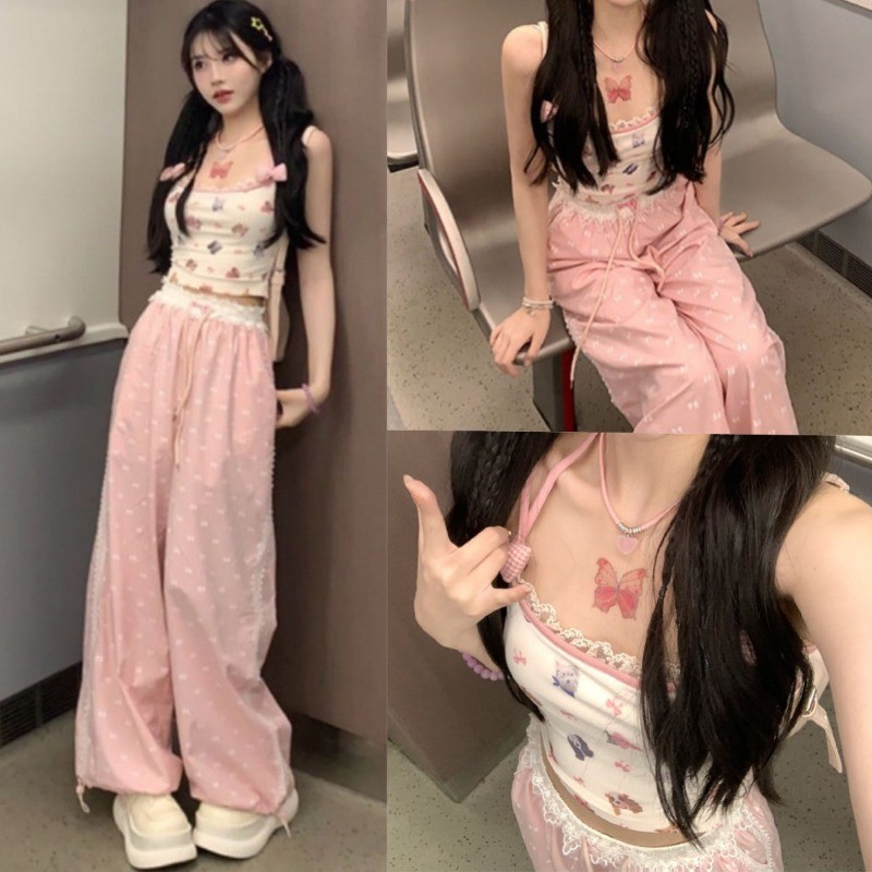 ฤดูร้อนปี 2024 เสื้อกั๊กดีไซน์สาวหวานและร้อน + กางเกงขากว้างทรงสลิมสองชิ้น