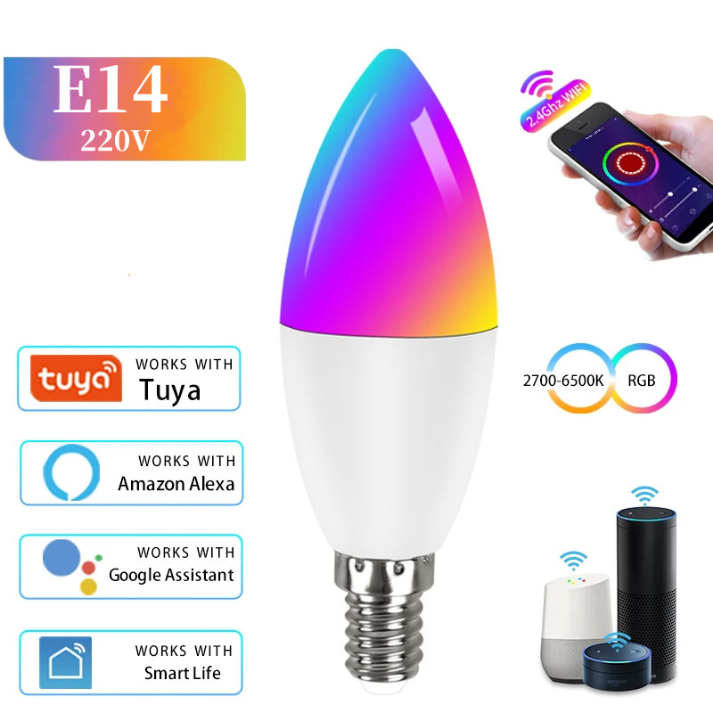 TUYA หลอดไฟ e14 หลอดไฟ wifi หลอดไฟ led e14 โคมไฟเทียน ทำงานร่วมกับ alexa และ google home