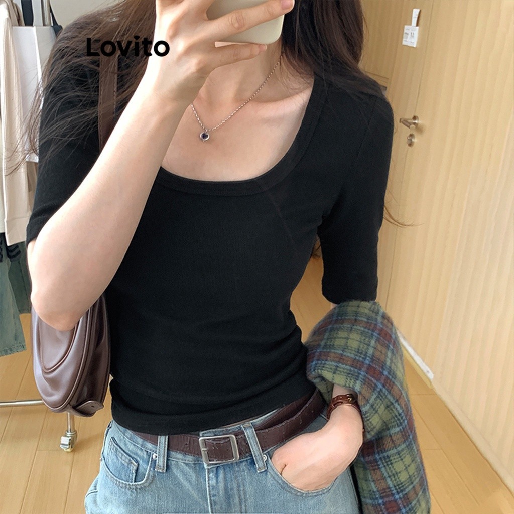 Lovito เสื้อยืดผู้หญิง คอยู แขนสั้น สีพื้น สไตล์ลำลอง LNA25019 (สีดำ)