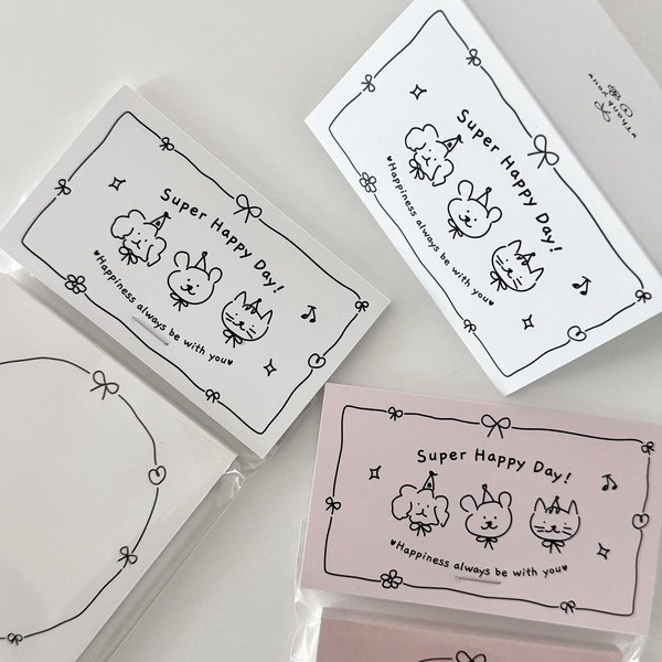 20 ชิ้นสีขาวและสีชมพู INS สไตล์สแควร์การ์ดสัตว์วาดเส้นสไตล์ Featuring Supper Happy Day ข้อความและการ์ตูน Bowknot สําหรับห่อของขวัญและตกแต่ง