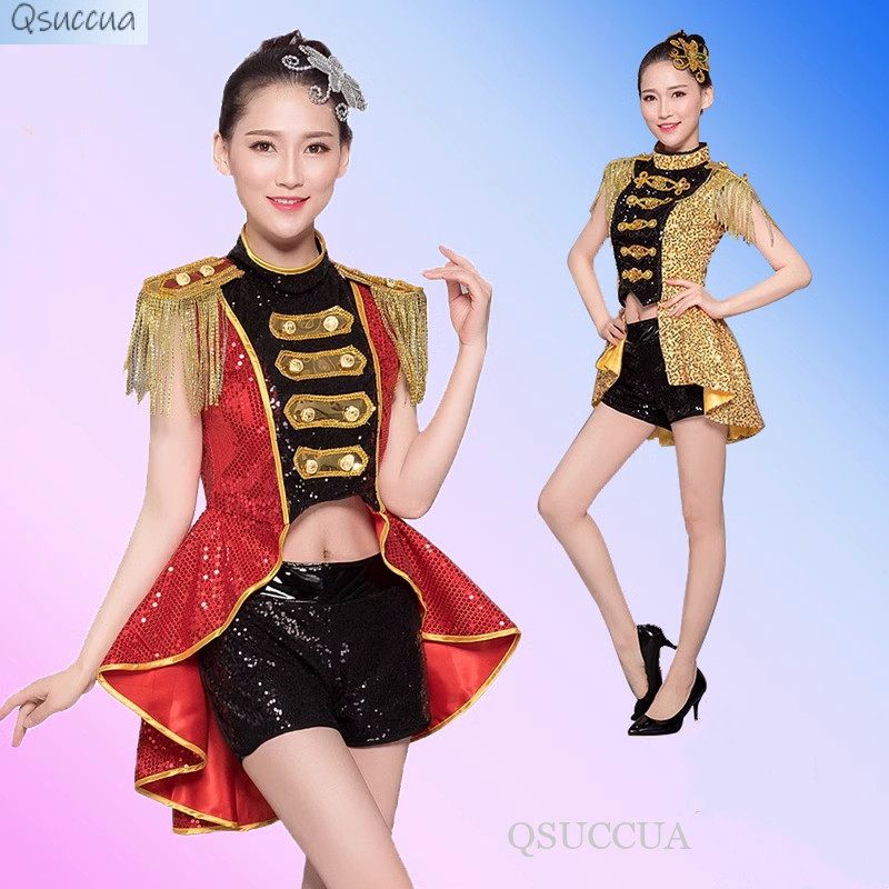 Qsuccua ผู ้ ใหญ ่ สุภาพสตรี Jazz Dance ไนท ์ คลับเลื ่ อม Dovetail พู ่ Top + กางเกงขาสั ้ นชุดเวทีกลอง