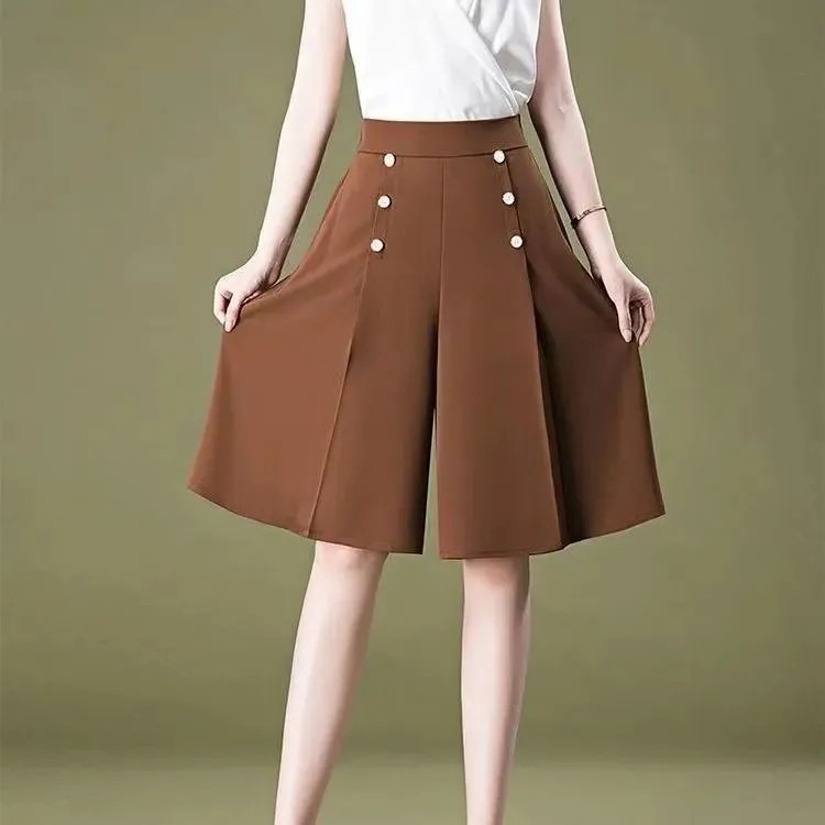 Culottes ผู ้ หญิงเอวสูง Slimmer ดูหกจุดฤดูใบไม ้ ผลิฤดูร ้ อนบางกางเกงขากว ้ าง Over-the-Knee a-Line Half @-