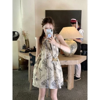 👗ชุดเดรส,👗ฤดูร้อนใหม่หมึกวาดชุดแขนกุด กระโปรงแขวนคอหลวม
