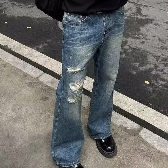 กางเกงผู ้ ชาย VUNC เทรนด ์ ถนนอเมริกันแฟชั ่ นการออกแบบเฉพาะย ้ อนยุคกางเกงขากว ้ างลําลองหลวมทุกการแข ่ งขันกางเกงยีนส ์ ขาดล ้ าง