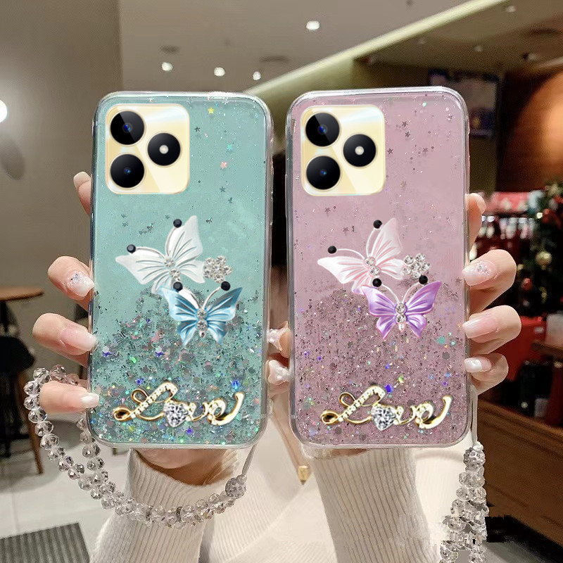 เคสโทรศัพท ์ Realme C63 C53 หมายเหตุ 50 RealmeC63 2024 ใหม ่ น ่ ารักสองบินผีเสื ้ อตกแต ่ งด ้ วยสายคล ้ องมือ Glitter เจลเลื ่ อมฝาครอบ