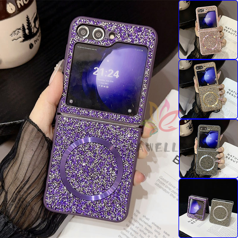 SAMSUNG หรูหราbling Glitterเพชรเคสโทรศัพท์แม่เหล็กSamsung Galaxy Z Flip 6 Z Flip 5 Z Flip 4 Z Flip 3 5Gชาร์จไร้สายนุ่มกลับกรณีปก