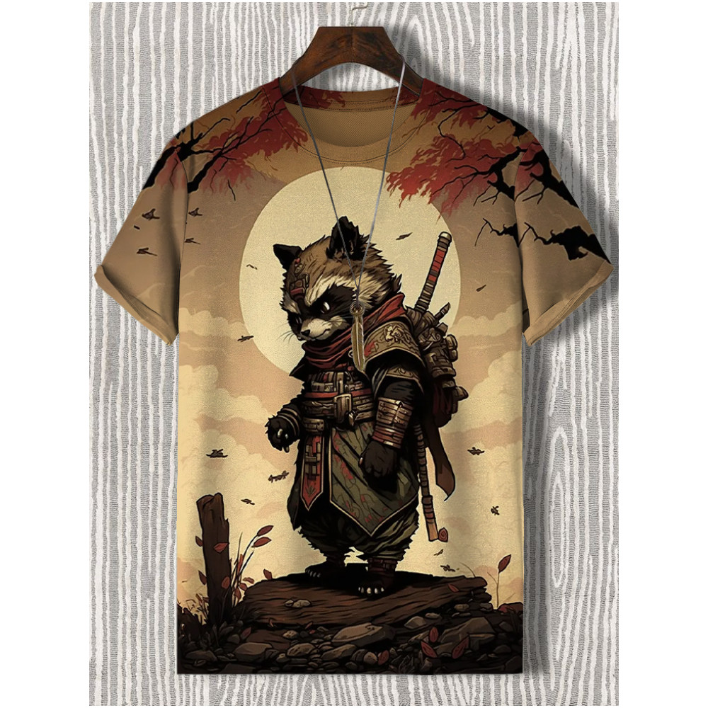 เสื้อยืดผู้ชายสไตล์ญี่ปุ่นซามูไรแมวกราฟิก3งพิมพ์เสื้อยืดลําลองแขนสั้นทีกลางแจ้งผู้ชายขนาดใหญ่เสื้อผ้าท็อปส์