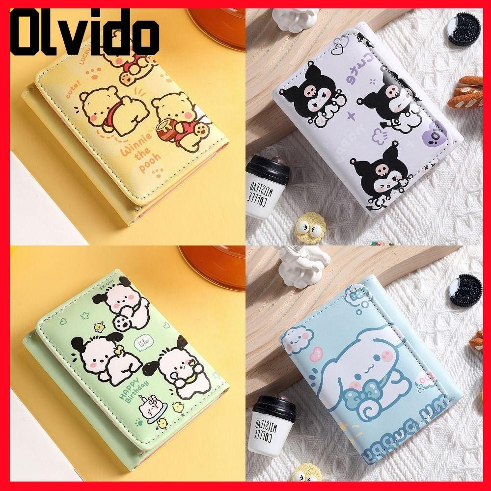 Olvido บัตรเครดิต Holoder, 3 พับ INS สไตล์ SANRIO กระเป๋าใส่เหรียญเงิน, Simple Pooh Bear Kuromi Pochacco กระเป๋าสตางค์หนัง PU กระเป๋าเงินสําหรับนักเรียนหญิงของขวัญ