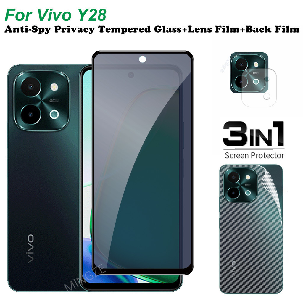 Vivo Y28 กระจกนิรภัย Vivo Y28 ป้องกันหน้าจอ Vivo Y28 ตัวป้องกันเลนส์กล้องคลุมทั้งหมดหน้าจอ Matte Privacy Glass 3In1 คาร์บอนไฟเบอร์ฟิล์มด้านหลัง