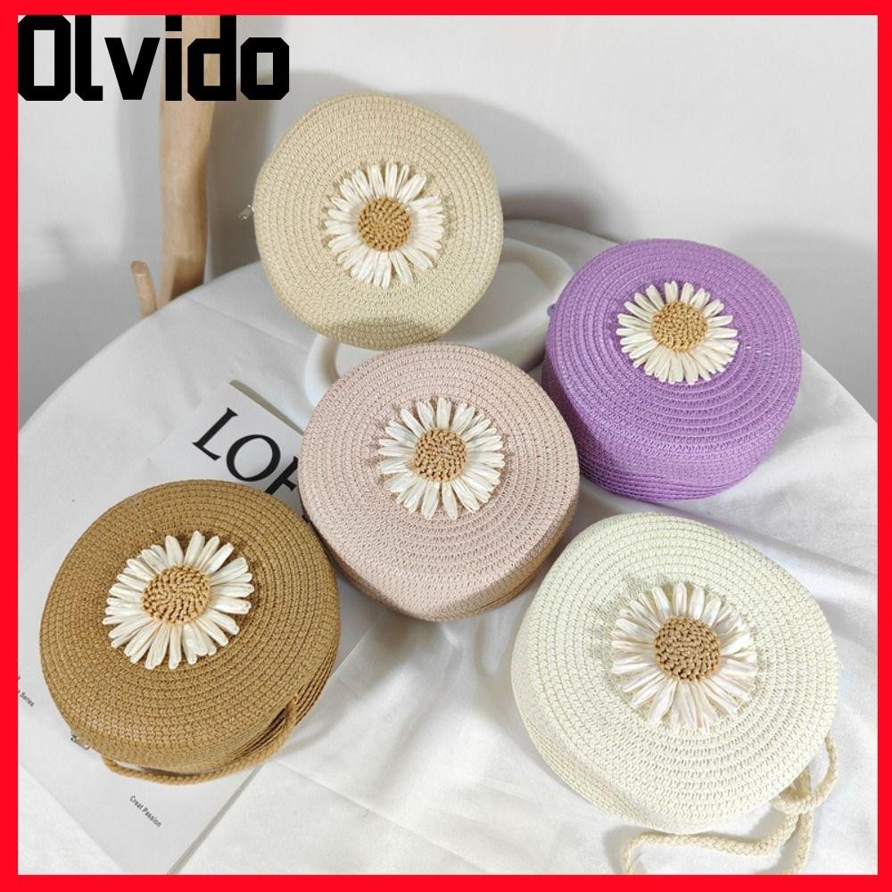 Olvido กระเป ๋ าสะพายชายหาด , ดอกไม ้ กราฟิกน ้ ําหนักเบารอบฟาง Bag, Mini Floral Decor กระเป ๋ าสะพายข ้ างผู ้ หญิง
