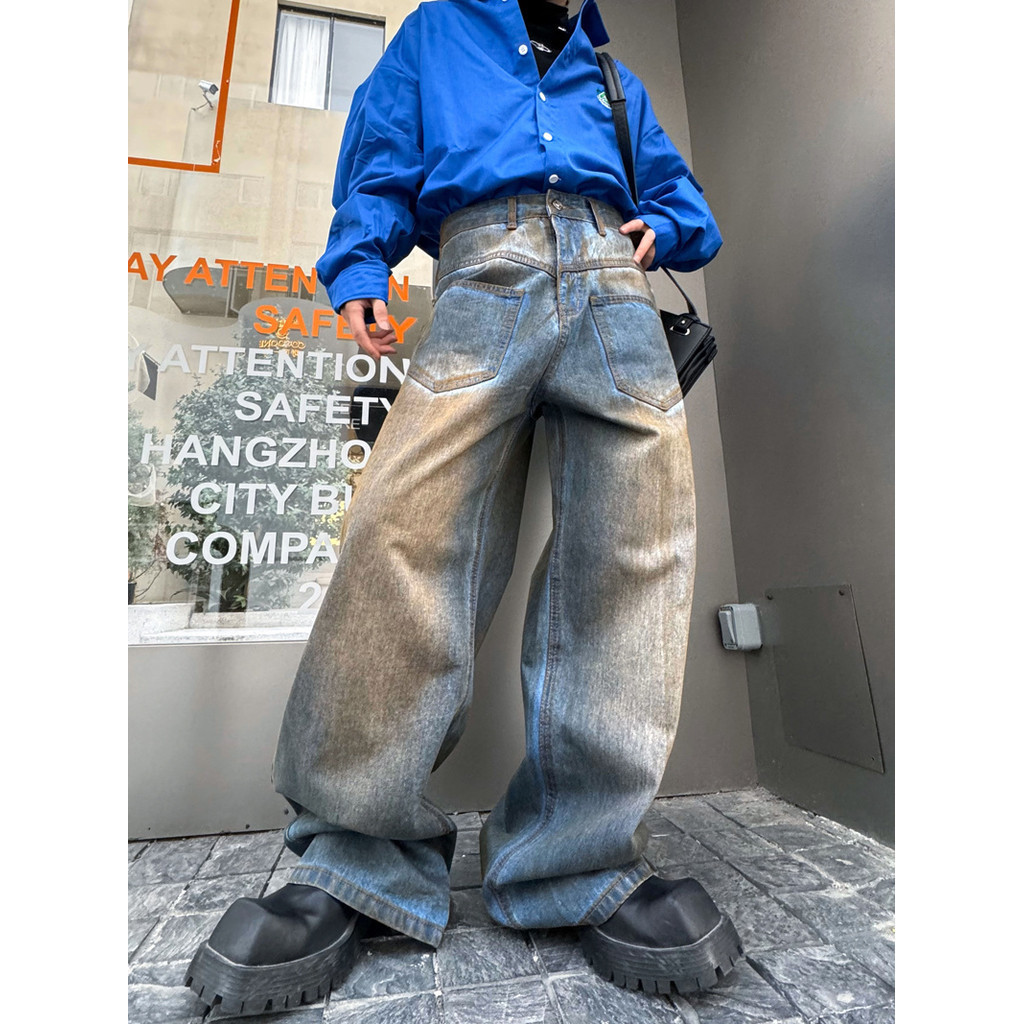 American High Street Niche Washed Bleached ทาสี Distressed กางเกงยีนส ์ ผู ้ ชายออกแบบหลวมตรงกางเกงขากว ้ างอินเทรนด ์
