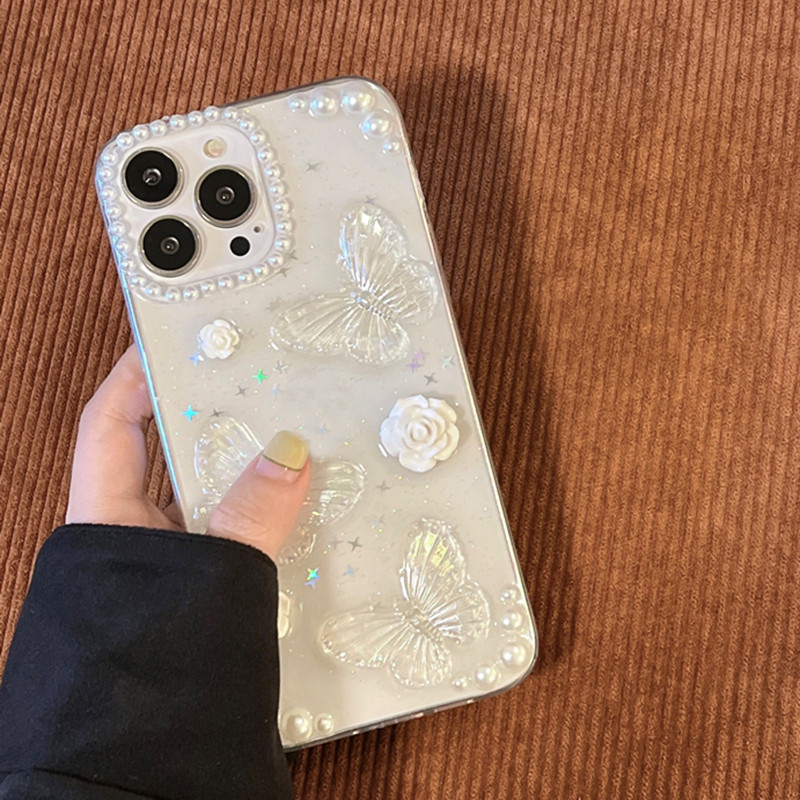 เกาหลี 3D ผีเสื้อดอกไม้ Glitter โปร่งใสเคสโทรศัพท์สําหรับ IPhone 11 13 14 Pro Max 12 15 PROMAX XR XS 7 8 PLUS กันกระแทกนุ่มโทรศัพท์ปกหลัง