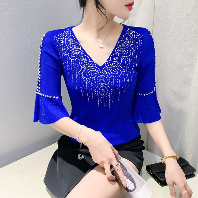 เหมียว 2025 ฤดูร้อนใหม่ โวลต์ คอตาข่ายที่ไม่ซ้ํากันเสื้อยืดผู้หญิงขนาดใหญ่เต้นรําด้านบน สูง จบ นัวเนียขอบแขนสีฟ้าเสื้อ