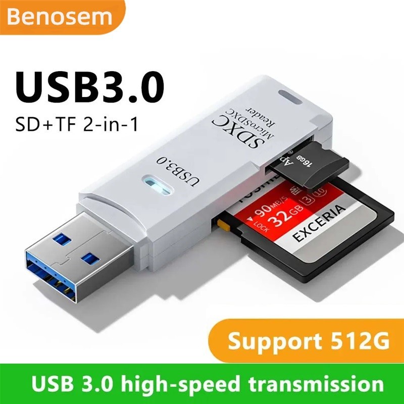 Benosem เครื่องอ่านการ์ด Micro SD USB 3.0, เครื่องอ่านการ์ด SDXC 2-in-1 5Gbps เป็นอะแดปเตอร์ USB, เครื่องอ่านการ์ดหน่วยความจํา TF
