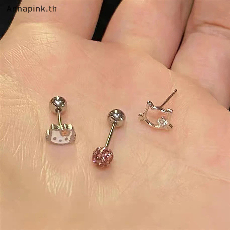 Annapink.th 3 ชิ้น Sanrio Hello Kitty การ์ตูน Earings Kawaii แมวน่ารักต่างหูผู้หญิงขนาดเล็ก Studs ตลกเครื่องประดับอุปกรณ์เสริมของขวัญ EN