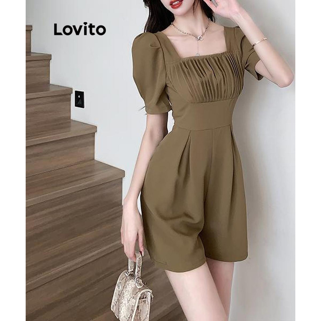 Lovito จั๊มสูทผู้หญิง มีกระเป๋า สีพื้น สไตล์ลำลอง LNE53522