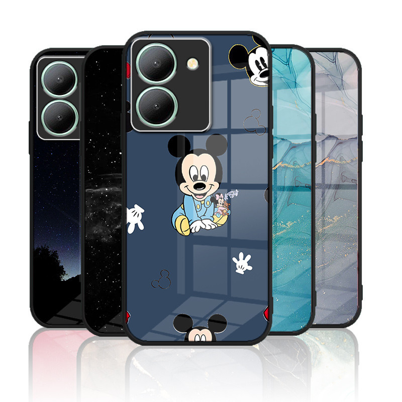 เคสกระจก VIVO Y36 4G Y27 5g Y27s Y36 5g เคสกระจกนิรภัยฮาร์ดฝาหลังขอบซิลิคอนอ่อน