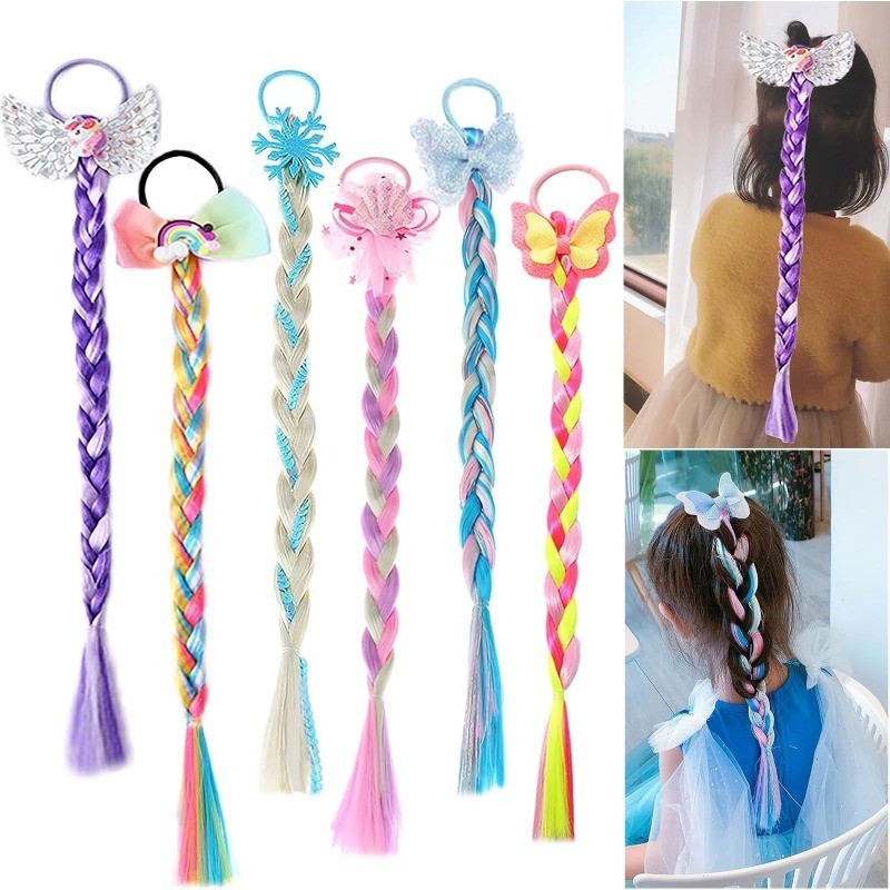 ถักเปียสีต่อผมสําหรับเด็กโบว์ผม แฮร์พีซ หางม้าที่มียางรัดสายรุ้งถักวิกผมอุปกรณ์ผมสําหรับสาวผู้หญิงพรรคไฮไลท์เจ้าหญิงคอสเพล