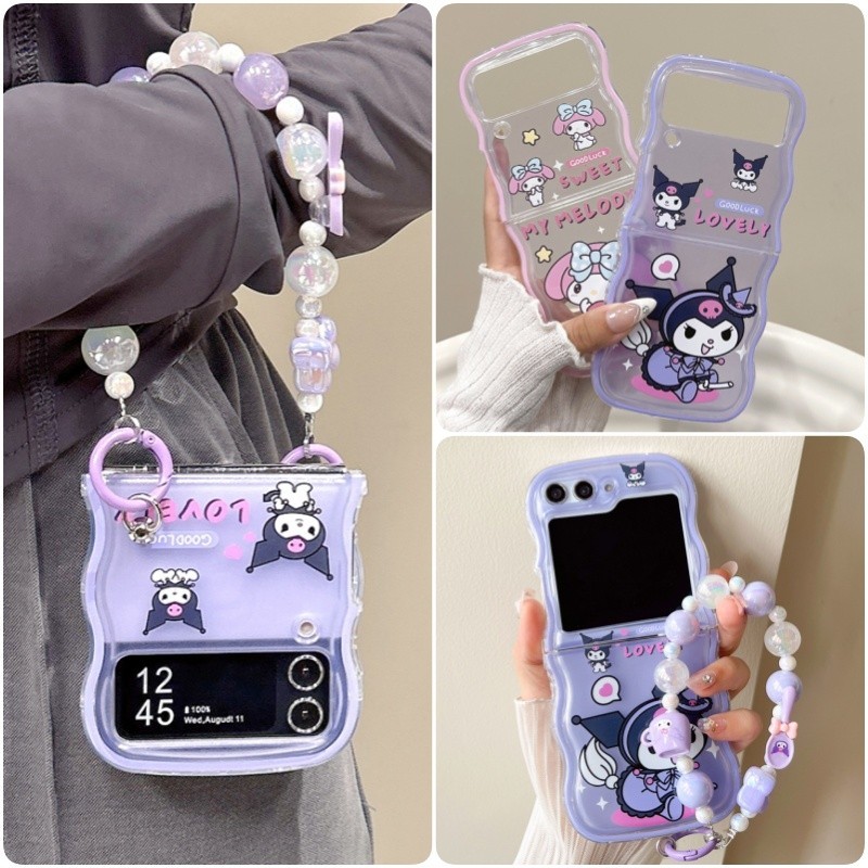 SAMSUNG กรอบหยักสร้อยข้อมือข้อมือโซ่พลิกกรณีปลอกsamsung Galaxy Z Flip 6 Z Flip 5 Z Flip 4 Z Flip 3 Casing Cartoon Pattern Soft SiliconeTransparent Flip6 5 4 3 ฝาหลังเชลล์