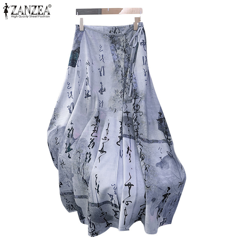 ZANZEA ใส่ ซานเซีย ผู้หญิงเกาหลีลําลองพิมพ์หลวมแฟชั่นไม่มีกระเป๋าซิป กระโปรงทับ