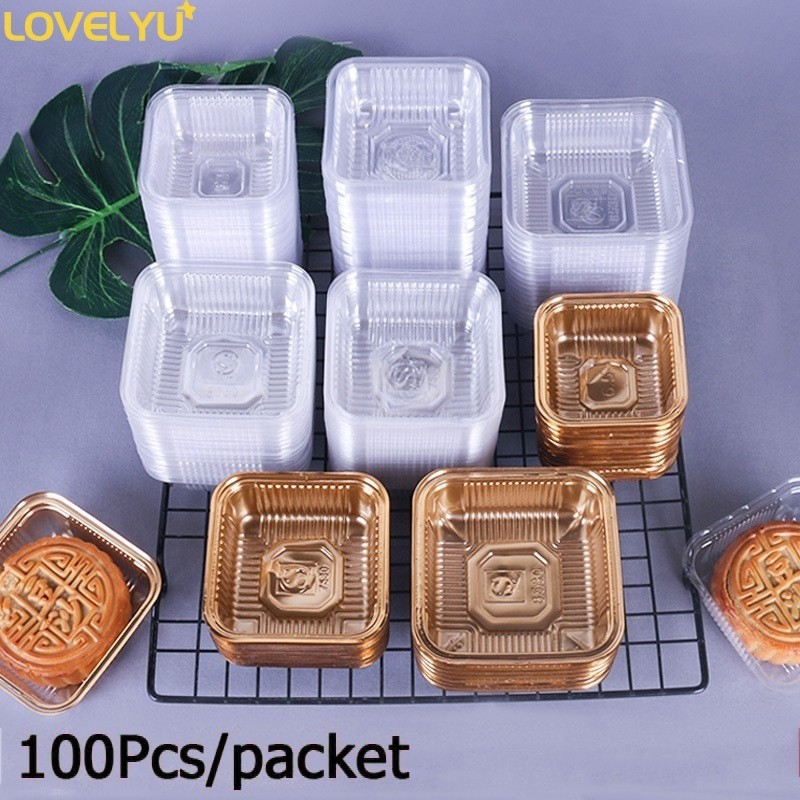 [LOVELYU] 100 ชิ้นขนมไหว้พระจันทร์ด้านในกล่องบรรจุภัณฑ์อาหารโปร่งใสกล่องตุ่มสีทอง