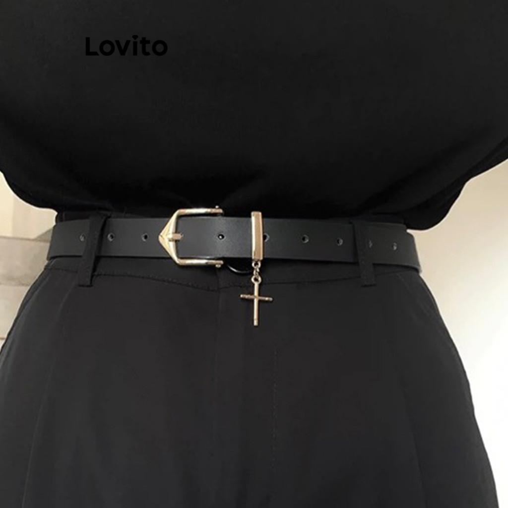 Lovito เข็มขัดผู้หญิง มีเข็มขัด ตาไก่ โลหะ สีพื้น สไตล์ลำลอง LFA38380