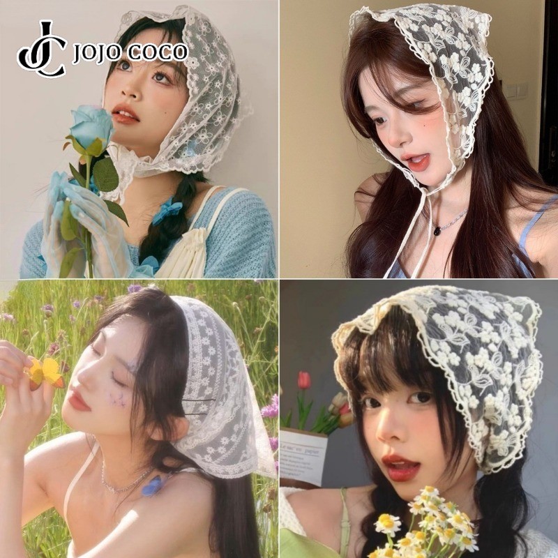 Jojo COCO Ins ลูกไม้ภาษาฝรั่งเศสคําสามเหลี่ยม Headscarf สําหรับผู้หญิงสไตล์เกาหลีถัก Hollow ดอกไม้แถบคาดศีรษะ