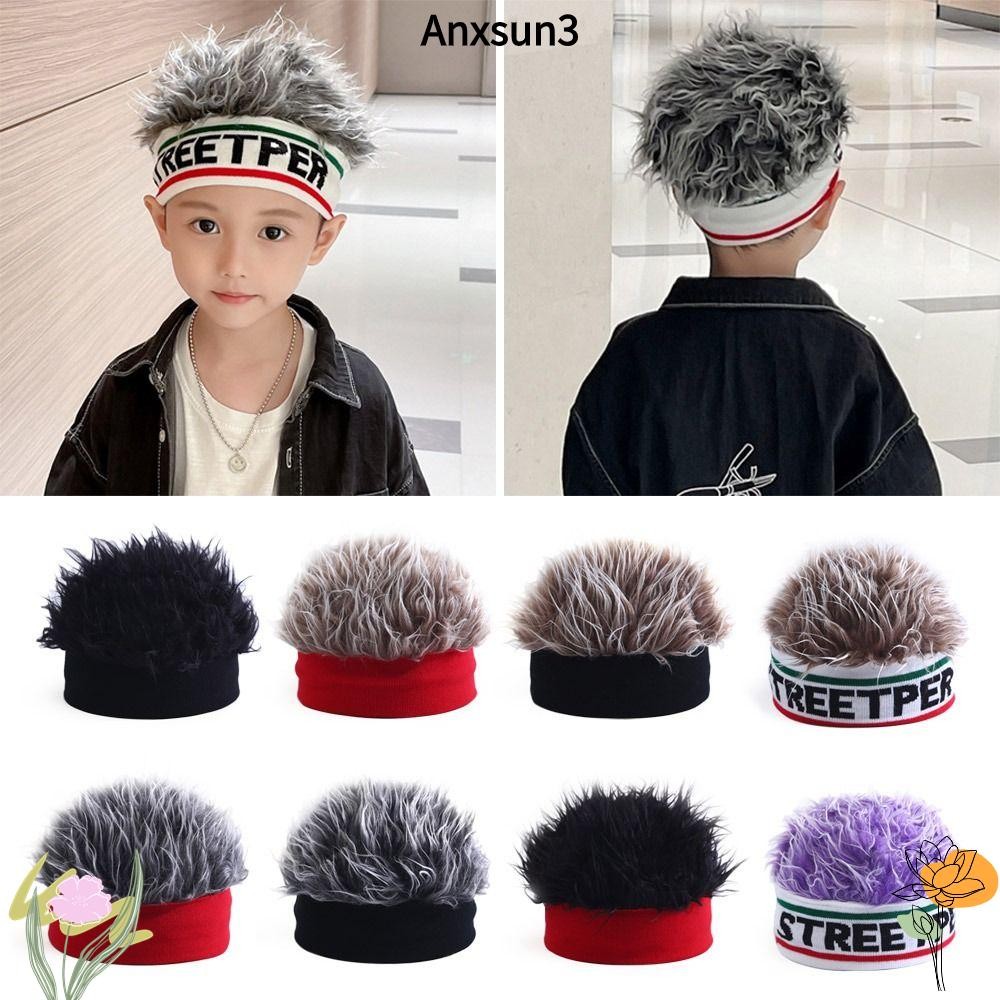 Anxsun3 เด็กวิกผมหมวก,บุคลิกภาพยืดหยุ่น Beanies หมวก,แฟชั่นถักตลก Cool ผมแบบบูรณาการ Headwear ชายหญิง