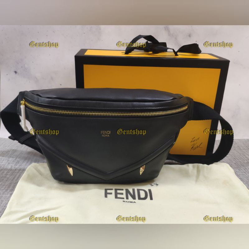 กระเป๋าคาดเอวหนังสีดำ FENDI Monster สำหรับทุกเพศ 3PQ8