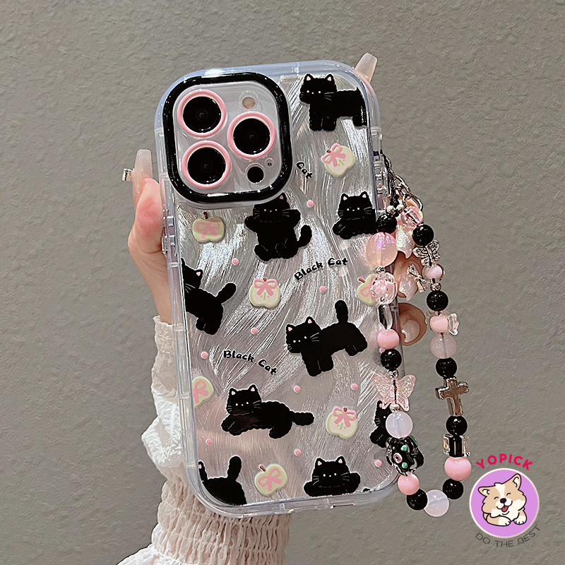 แมวดําเคสโทรศัพท์iphone 16 15 14 13 12Pro Max 11 XR XS Max 7 8 Plus SE2020 สร้อยข้อมือการ์ตูนฝาครอบโทรศัพท์สําหรับIPhone 16Pro 16Plus Soft Case NYS