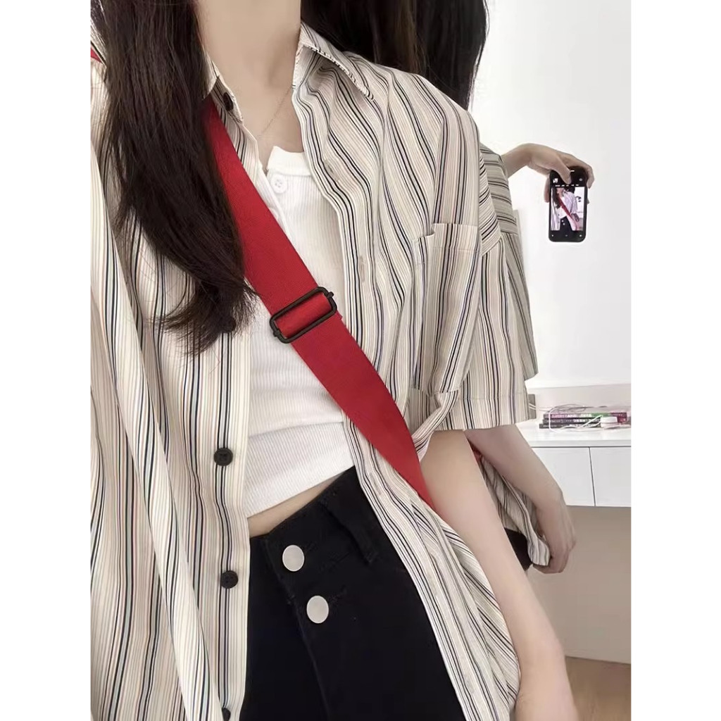 ็❤️ HHB2007 ❤️เสื้อเชิ้ตแขนสั้นลายทางคอปก สําหรับผู้หญิง oversize สีครีม 🌈 สไตล์เกาหลี เกร๋ๆ ผ้าบางเ