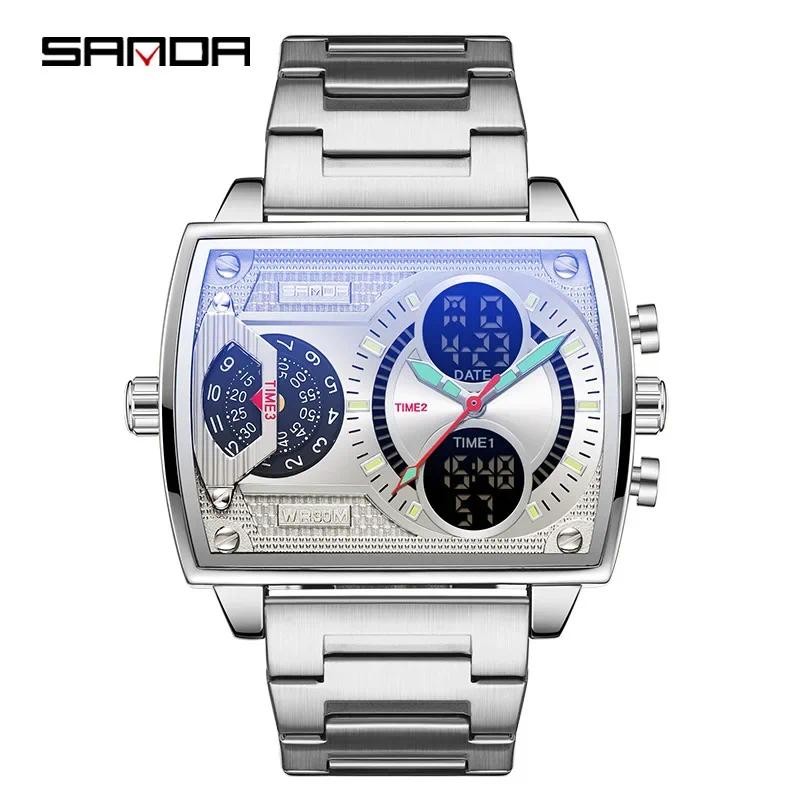 Sanda 6032 นาฬิกาควอตซ์ Creative Dual Display Multi-functional Luminous กันน้ํา Cool นาฬิกาดิจิตอลสําหรับชายอิเล็กทรอนิกส์
