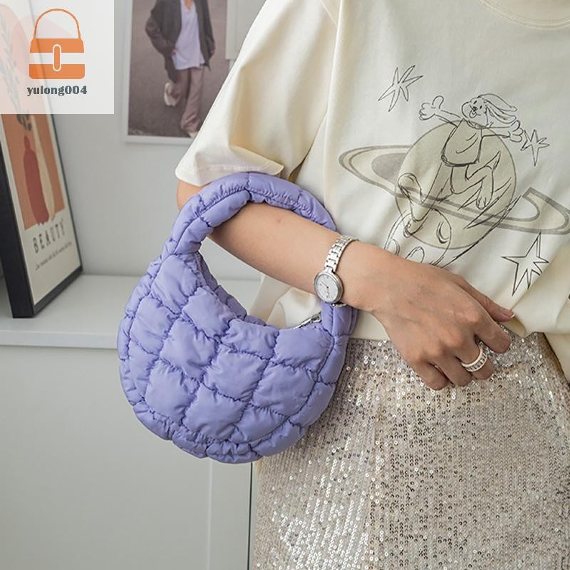 [PE] Fashion Puffer Tote Bag Quilted Circle Phone Purse Elegant Purple Soft Nylon Cushion Key Pouch Simple Trend Handbag TH
