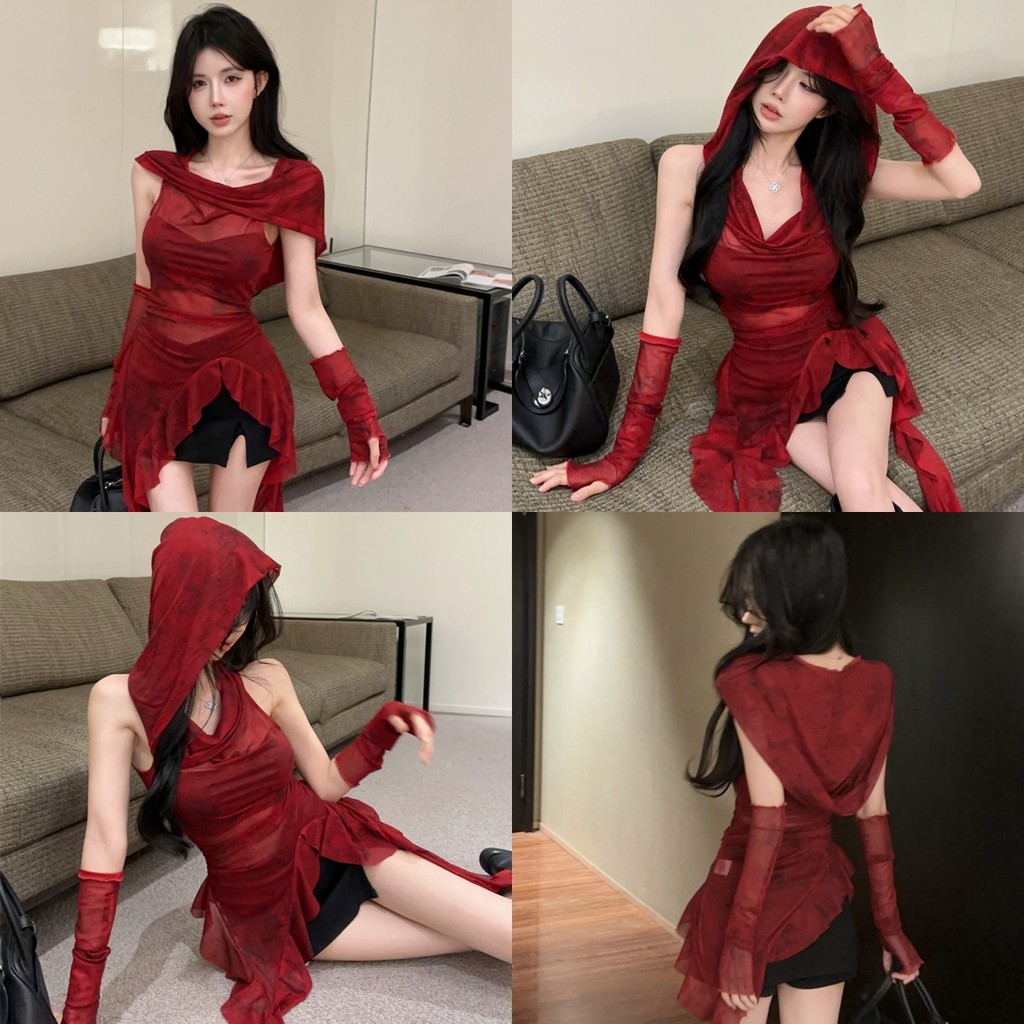 🌟Anne🌟ฮู๊ด สีแดง ซีทรู เข้ารูป สีทึบ ผ้ายืด แถมปลอกแขน เสื้อฮู้ด สไตล์เกาหลี สไตล์ลำลองยอดฮิต แฟชั้น🌙#FY2801#1