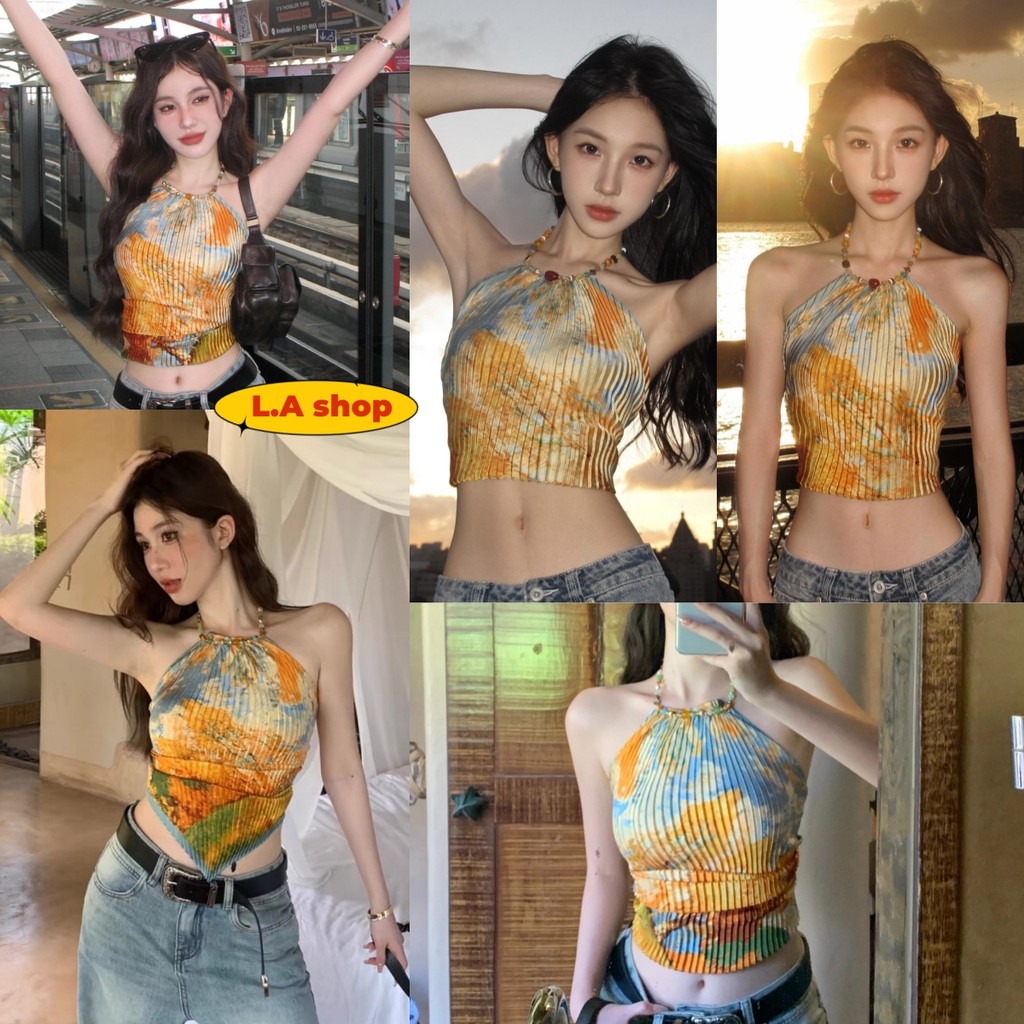 L.A Shop★สไตล์ใหม่★เสื้อคล้องไหมพรม ผูกมัดหลัง ใส่สบาย ดีเทลสายใส่ลูกปัด ลายสดใส "M1152"