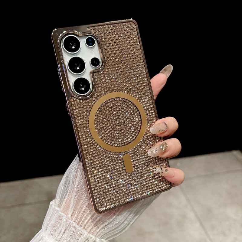 เคสชาร์จไร้สายแม่เหล็กเพชรเงาหรูหราสำหรับ Samsung S25 Ultra Plus S24 S23 S22 Ultra ป้องกันการกระแทก ปกหลังแข็ง