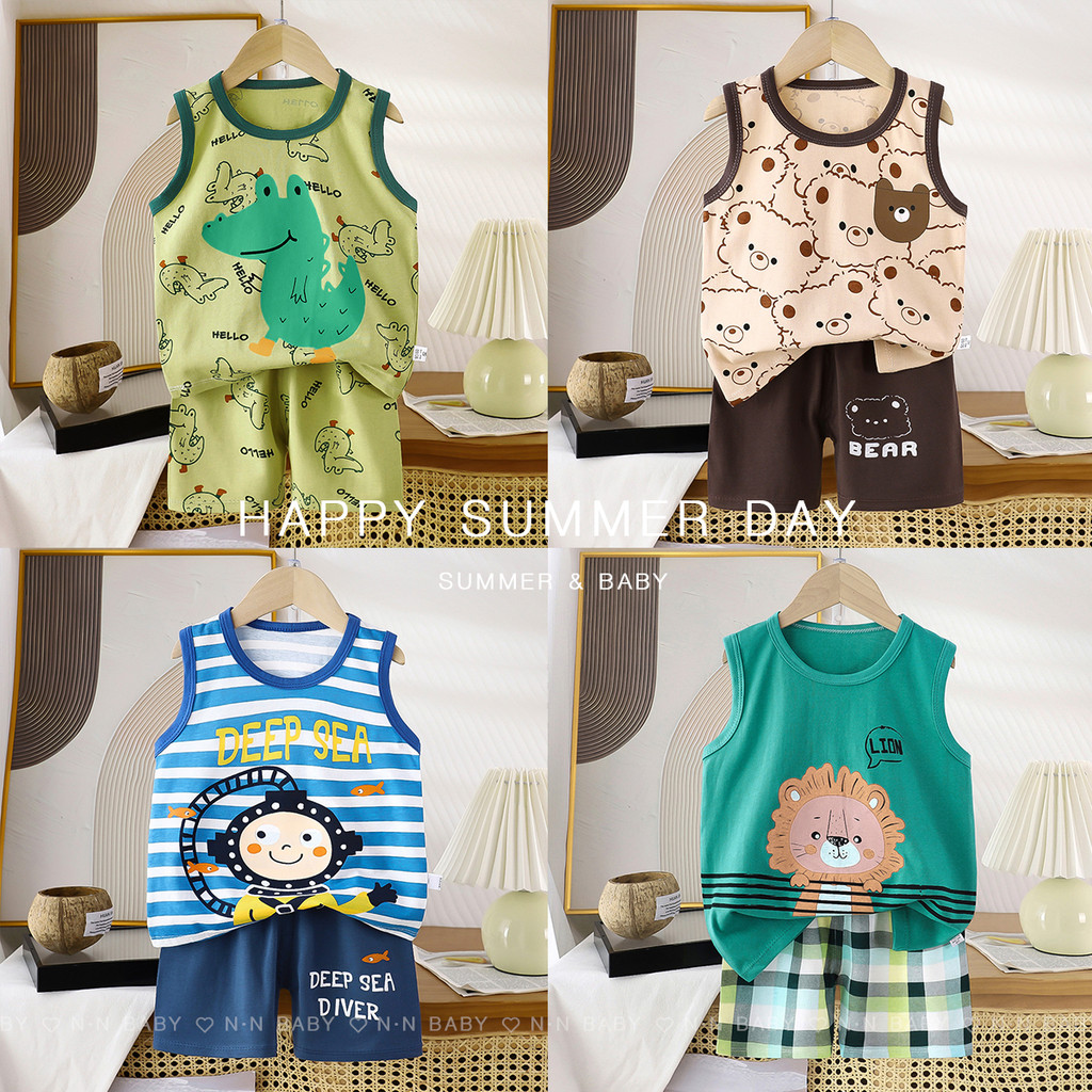 ชุดกร้ามเด็ก ชุดเด็ก 2 ชิ้น เสื้อกร้ามหน้าร้อน เนื้อผ้าcotton พิมพ์ลายสัตว์ สำหรับเด็กเล็ก BXT28